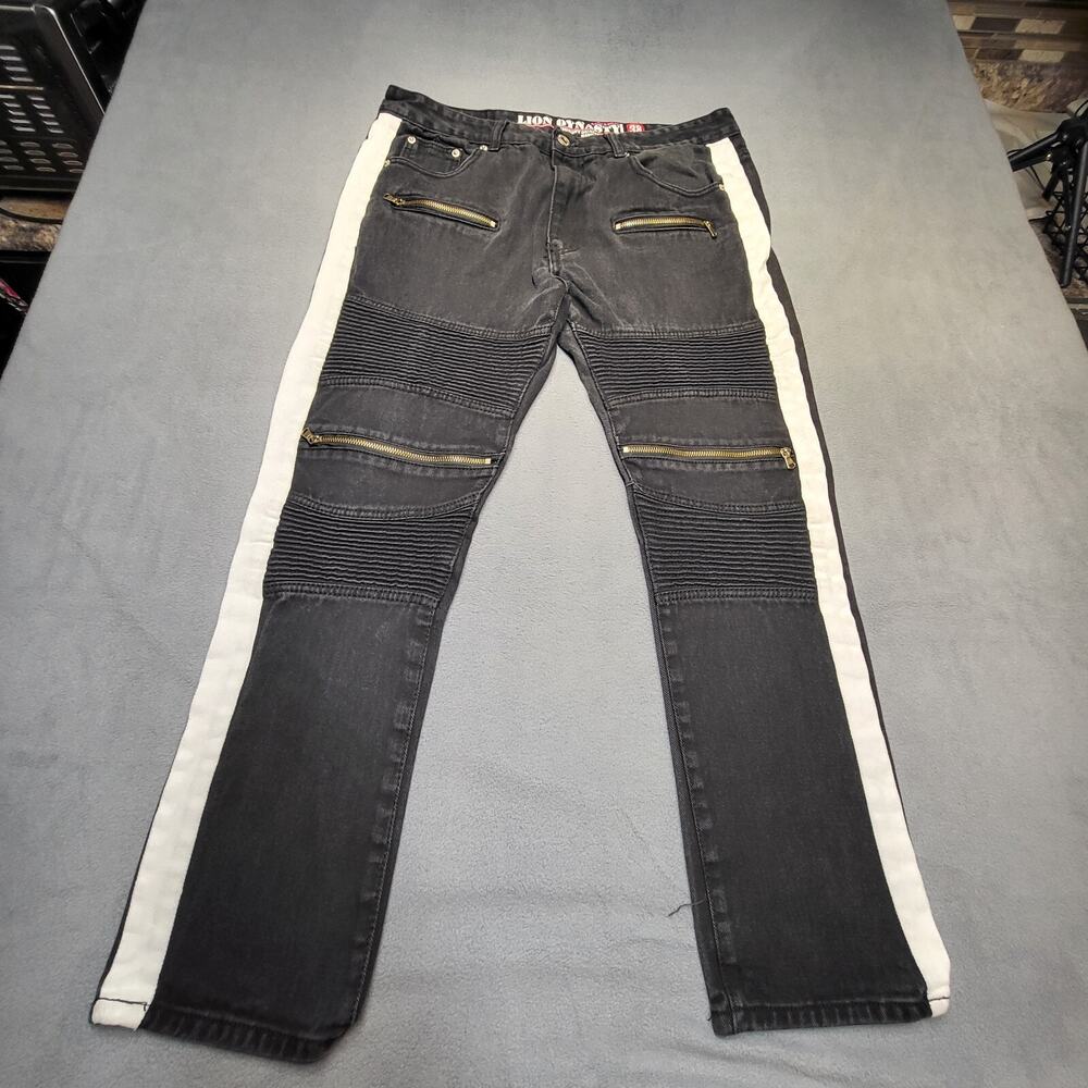 Lion Dynasty Jeans Mens 36x29 Black Striped Slim Straight Moto Denim Streetwear